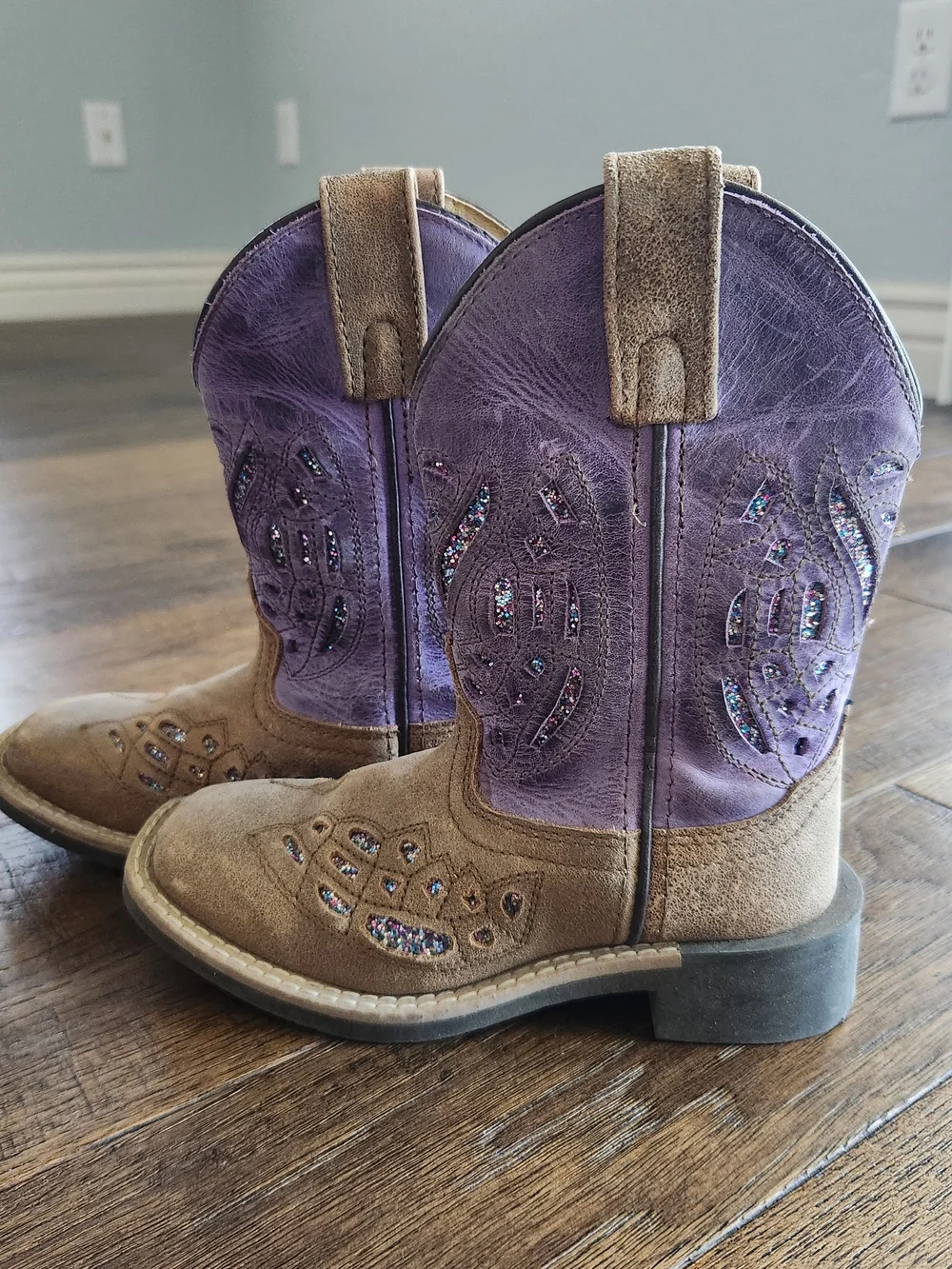 Kids' Purple and Tan Western Rhinestone Pull-On Boots